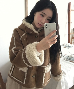 레뮤 스웨이드 양털안감 나그랑 포켓 후드 무스탕 밤색