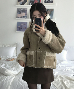 레뮤 스웨이드 양털안감 나그랑 포켓 후드 무스탕 연베이지