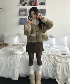 레뮤 스웨이드 양털안감 나그랑 포켓 후드 무스탕 연베이지