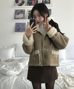 레뮤 스웨이드 양털안감 나그랑 포켓 후드 무스탕 연베이지