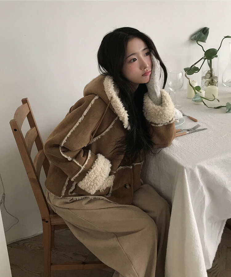 레뮤 스웨이드 양털안감 나그랑 포켓 후드 무스탕 밤색