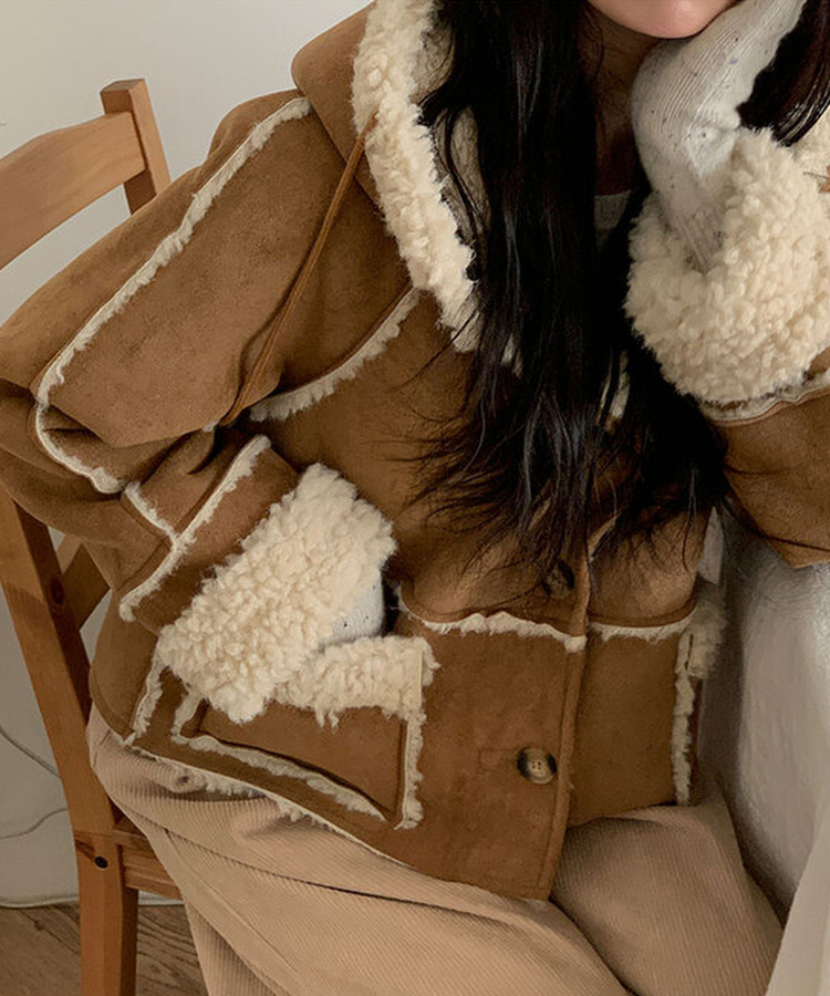 레뮤 스웨이드 양털안감 나그랑 포켓 후드 무스탕 밤색