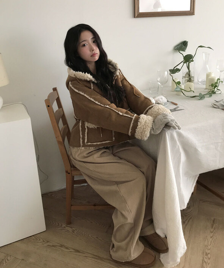 레뮤 스웨이드 양털안감 나그랑 포켓 후드 무스탕 밤색