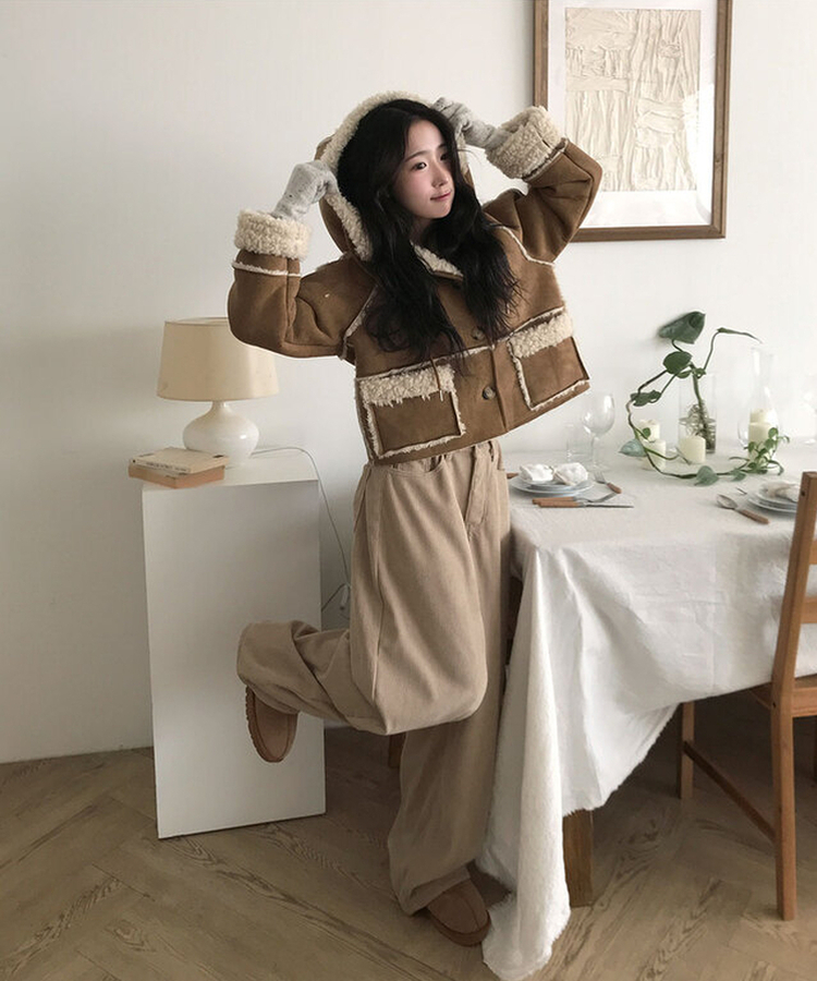 레뮤 스웨이드 양털안감 나그랑 포켓 후드 무스탕 밤색