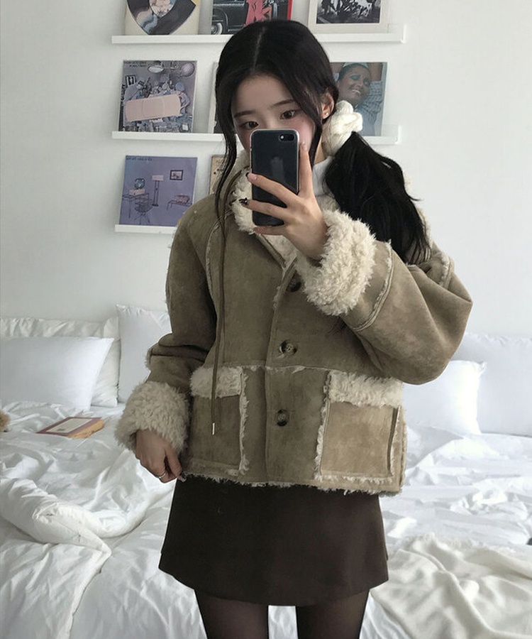 레뮤 스웨이드 양털안감 나그랑 포켓 후드 무스탕 연베이지