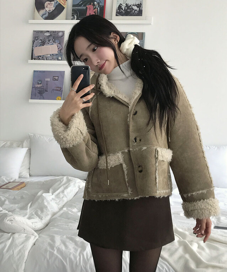 레뮤 스웨이드 양털안감 나그랑 포켓 후드 무스탕 연베이지