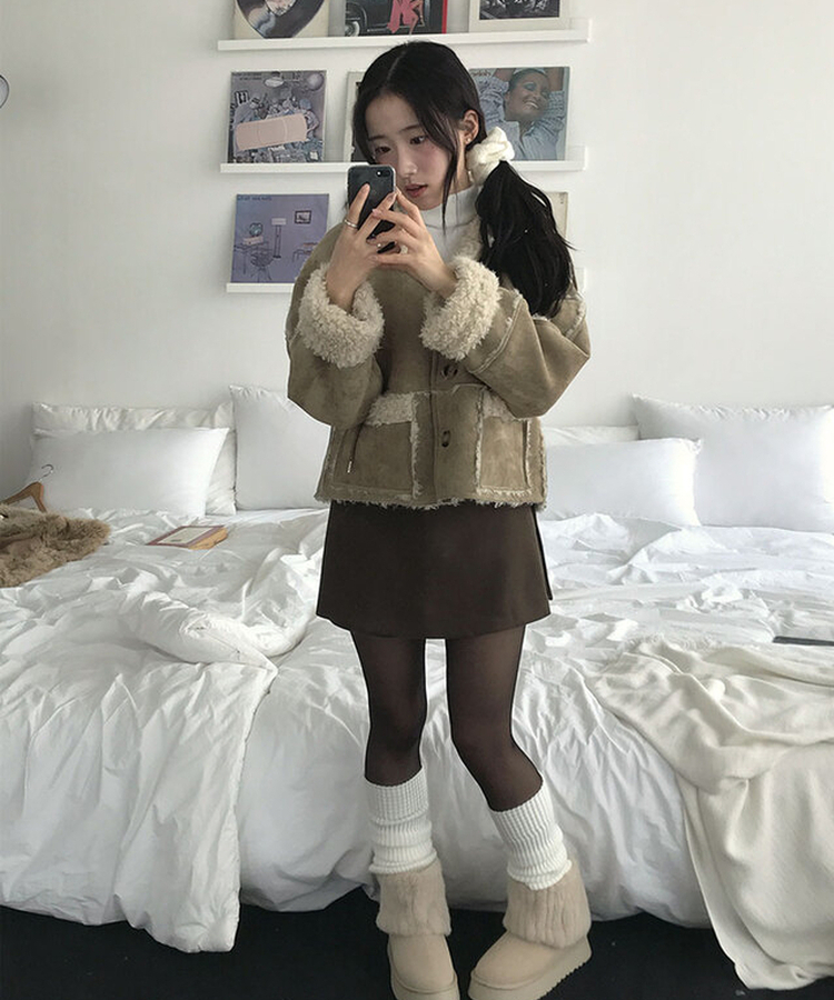 레뮤 스웨이드 양털안감 나그랑 포켓 후드 무스탕 연베이지