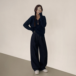 【丈別】【起毛】ツーピンタックスパンワイドデニムパンツ DEEP DENIM