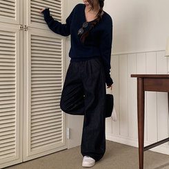 【丈別】【起毛】ツーピンタックスパンワイドデニムパンツ DEEP DENIM