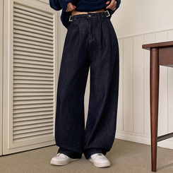 【丈別】【起毛】ツーピンタックスパンワイドデニムパンツ DEEP DENIM