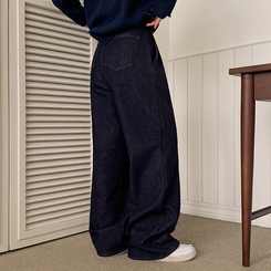 【丈別】【起毛】ツーピンタックスパンワイドデニムパンツ DEEP DENIM