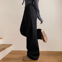 【丈別】【起毛】ツーピンタックスパンワイドデニムパンツ BLACK