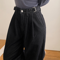 【丈別】【起毛】ツーピンタックスパンワイドデニムパンツ BLACK