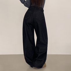 【丈別】【起毛】ツーピンタックスパンワイドデニムパンツ BLACK