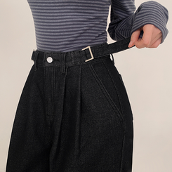 【丈別】【起毛】ツーピンタックスパンワイドデニムパンツ BLACK