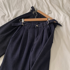 【丈別】【起毛】ツーピンタックスパンワイドデニムパンツ