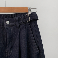 【丈別】【起毛】ツーピンタックスパンワイドデニムパンツ