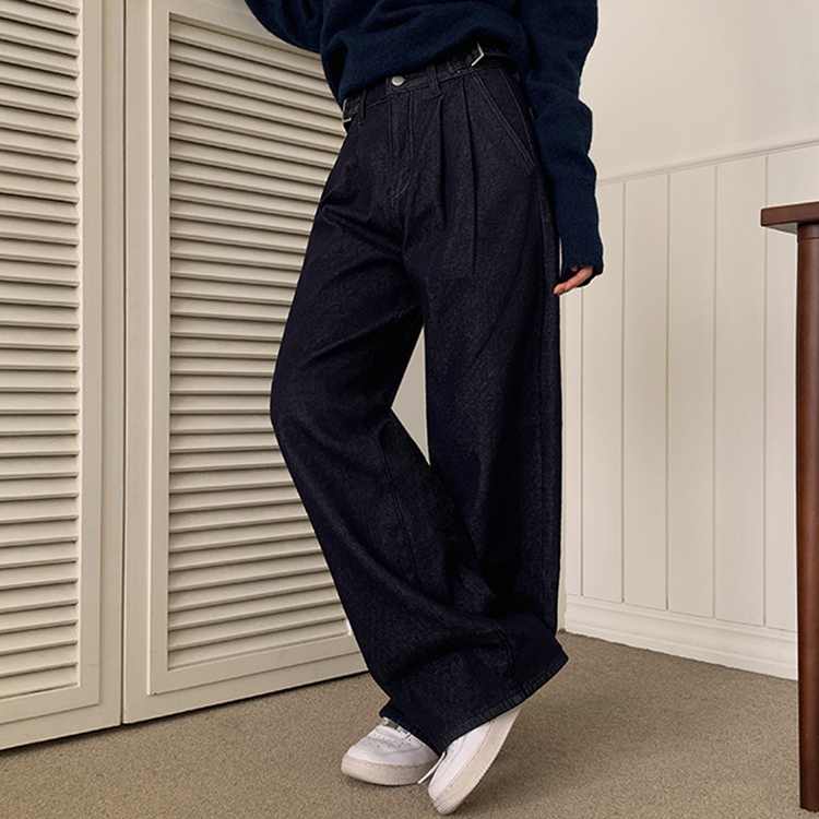 【丈別】【起毛】ツーピンタックスパンワイドデニムパンツ DEEP DENIM