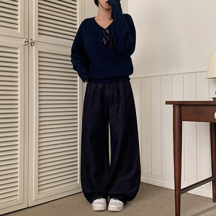 【丈別】【起毛】ツーピンタックスパンワイドデニムパンツ DEEP DENIM