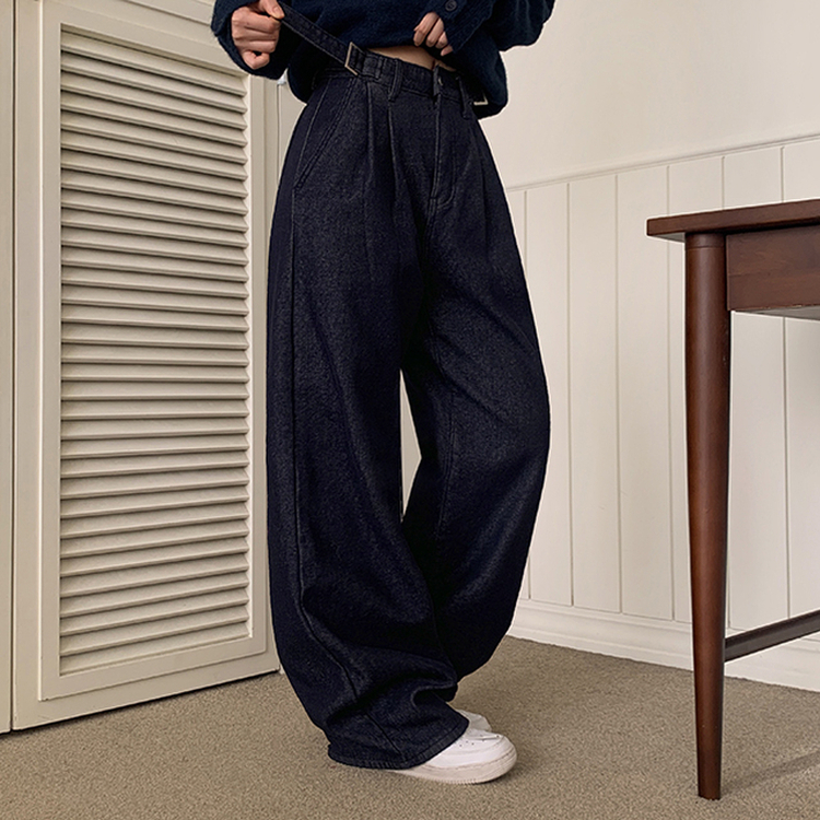 【丈別】【起毛】ツーピンタックスパンワイドデニムパンツ DEEP DENIM