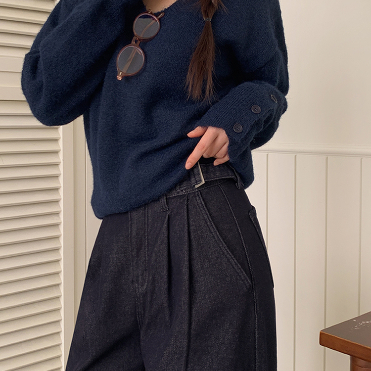 【丈別】【起毛】ツーピンタックスパンワイドデニムパンツ DEEP DENIM