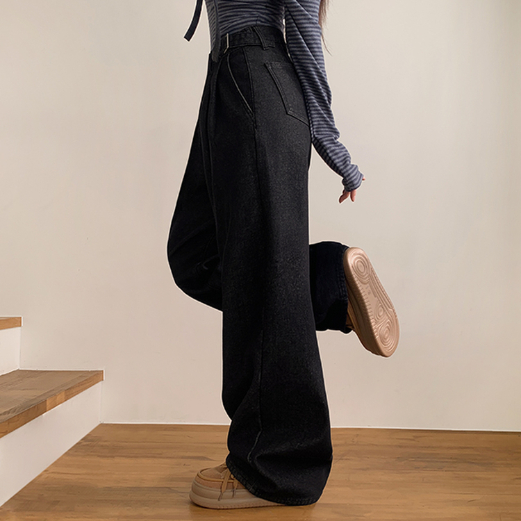 【丈別】【起毛】ツーピンタックスパンワイドデニムパンツ BLACK