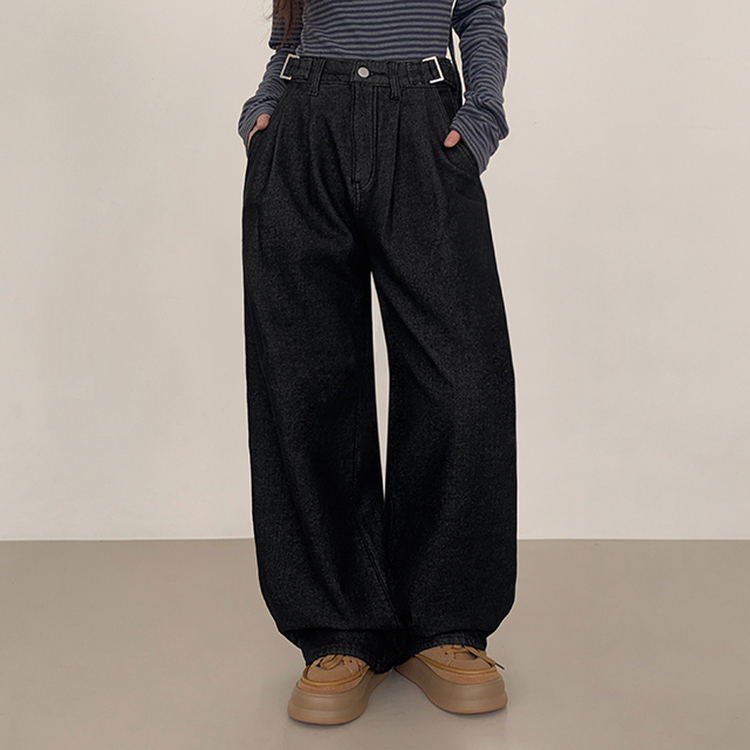 【丈別】【起毛】ツーピンタックスパンワイドデニムパンツ BLACK