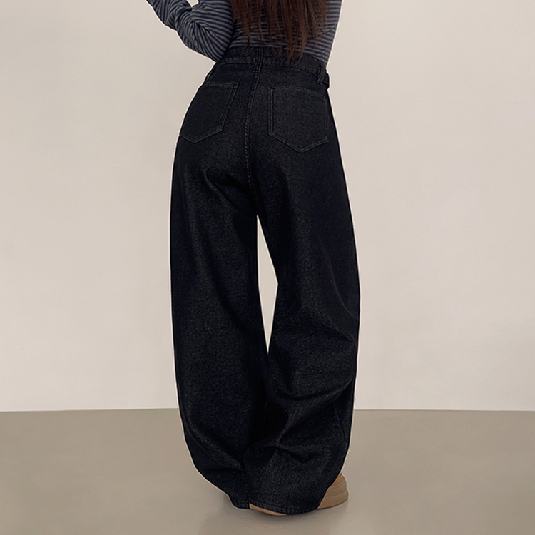 【丈別】【起毛】ツーピンタックスパンワイドデニムパンツ BLACK