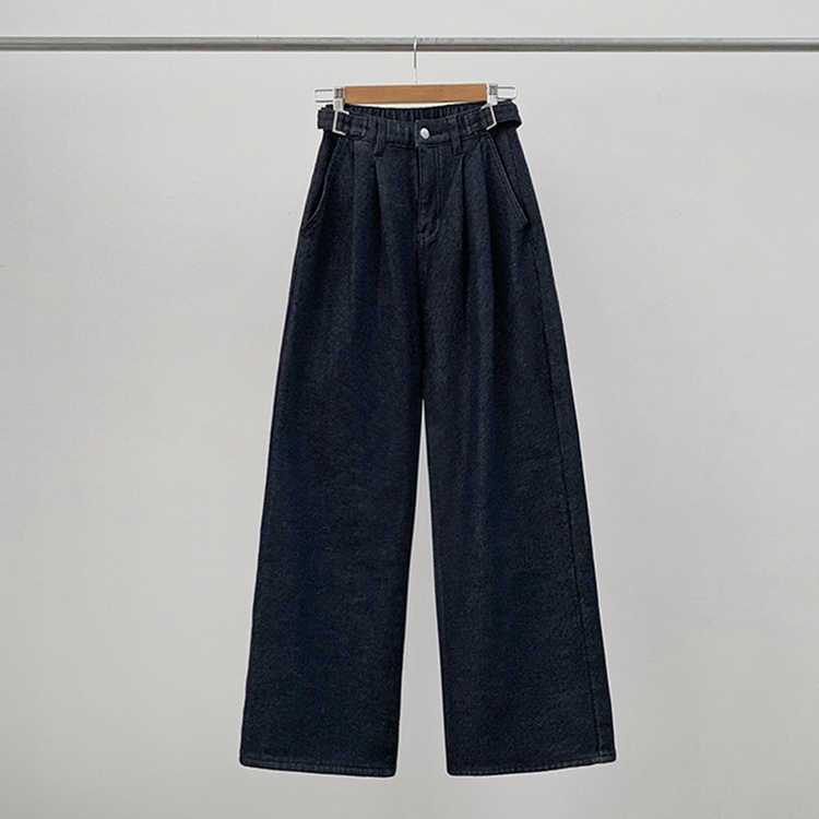 【丈別】【起毛】ツーピンタックスパンワイドデニムパンツ