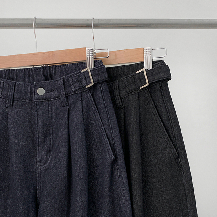 【丈別】【起毛】ツーピンタックスパンワイドデニムパンツ