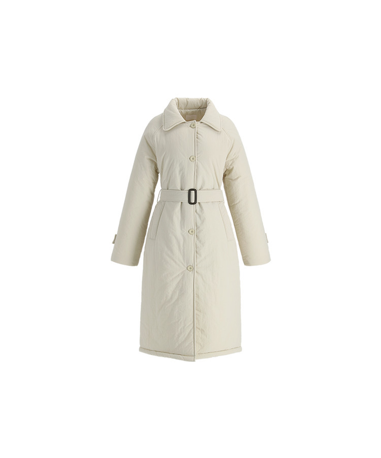 （通勤コーデアウター／着膨れゼロ♥）   トレンチ風ベルト付き 中綿ロングコート