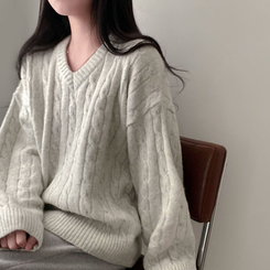 ケーブルウールVネックルーズニット(5color) LIGHT GRAY