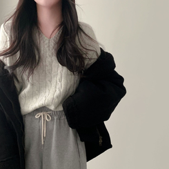 ケーブルウールVネックルーズニット(5color) LIGHT GRAY