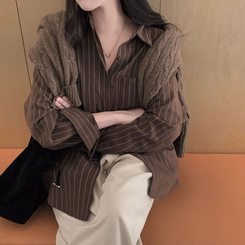 ケーブルウールVネックルーズニット(5color) DARK BROWN