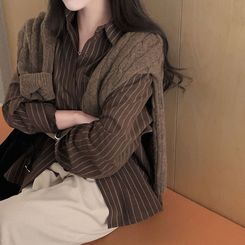 ケーブルウールVネックルーズニット(5color) DARK BROWN