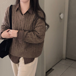 ケーブルウールVネックルーズニット(5color) DARK BROWN