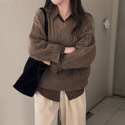 ケーブルウールVネックルーズニット(5color) DARK BROWN