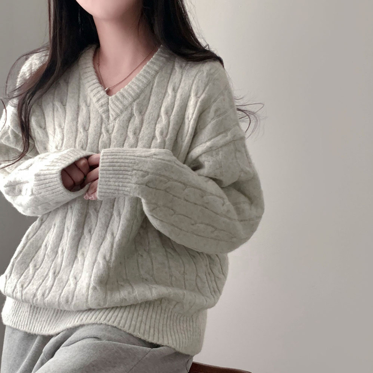 ケーブルウールVネックルーズニット(5color) LIGHT GRAY