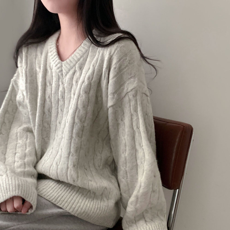 ケーブルウールVネックルーズニット(5color) LIGHT GRAY