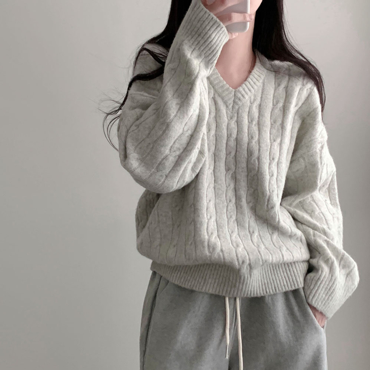 ケーブルウールVネックルーズニット(5color) LIGHT GRAY