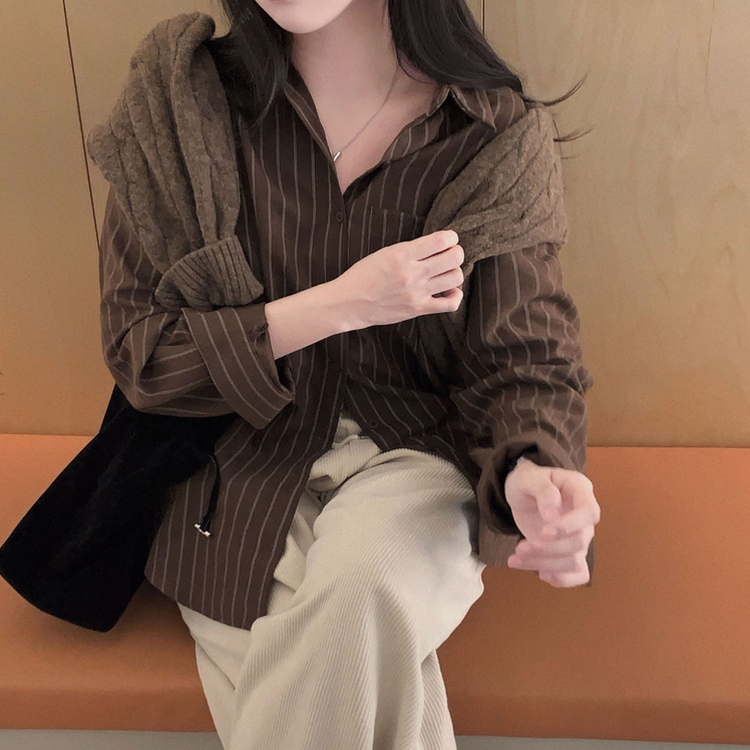 ケーブルウールVネックルーズニット(5color) DARK BROWN