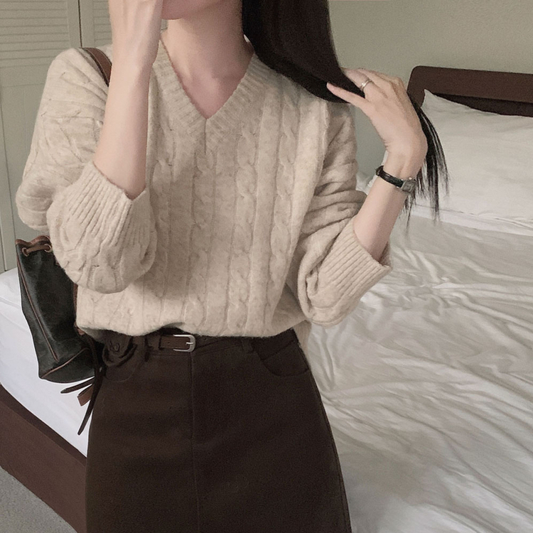 ケーブルウールVネックルーズニット(5color) OATMEAL