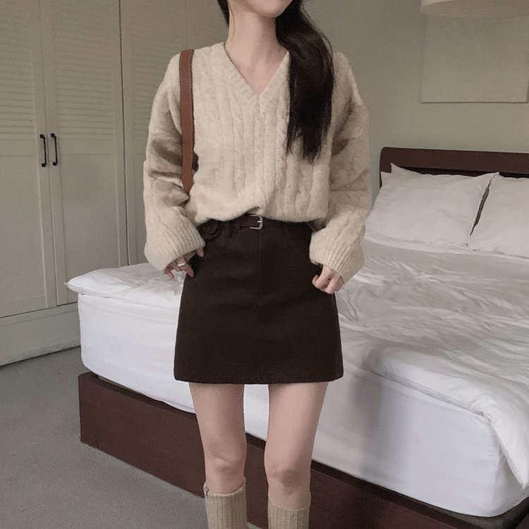 ケーブルウールVネックルーズニット(5color) OATMEAL