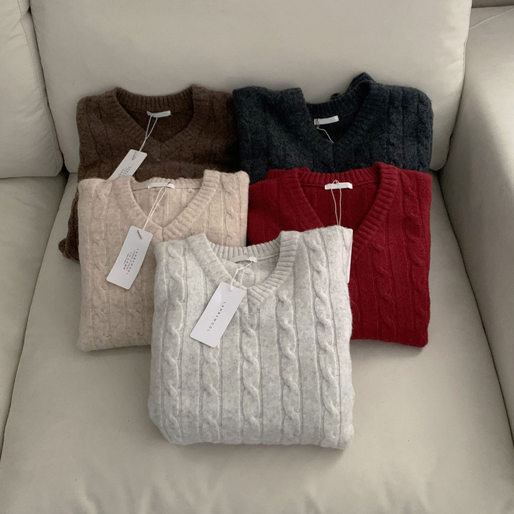 ケーブルウールVネックルーズニット(5color)