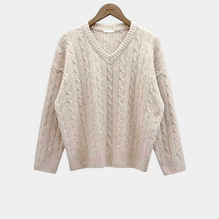 ケーブルウールVネックルーズニット(5color)