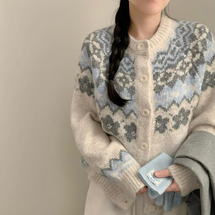 フラワーノルディックニットカーディガン IVORY