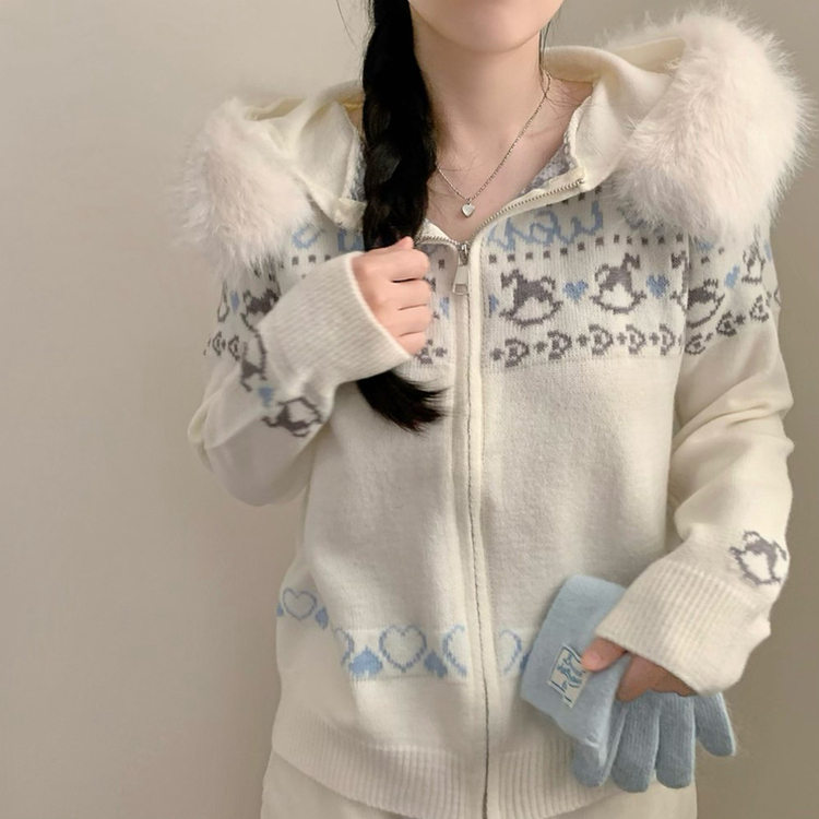 メリーゴーランドフードジップアップカーディガン WHITE