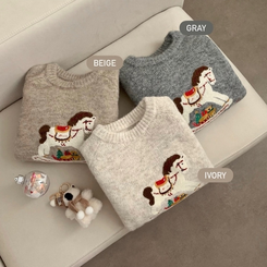 포니 긴팔 니트 패치 자수 유니콘 라운드넥 가을 가을옷 겨울 노르딕 겨울옷