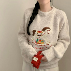 포니 긴팔 니트 패치 자수 유니콘 라운드넥 가을 가을옷 겨울 노르딕 겨울옷 아이보리