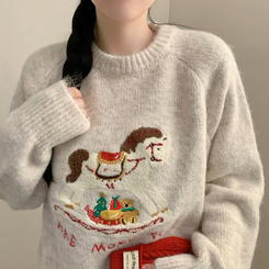 포니 긴팔 니트 패치 자수 유니콘 라운드넥 가을 가을옷 겨울 노르딕 겨울옷 아이보리